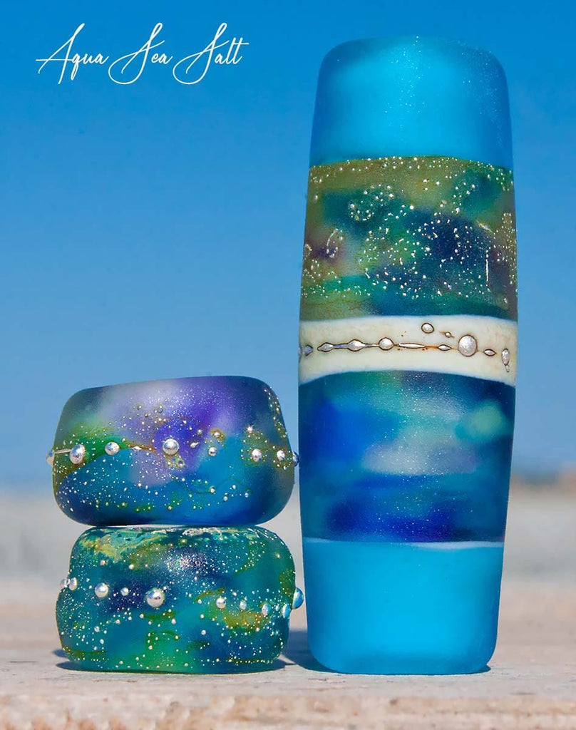 Aqua Sea Salt Art Glass Charm Bead Set - Handmade Lampwork - Jewelry Supplies - #DogLead - #hatband - BajaTiki - beads - BHB - blue - bohemian - boho - Charm Beads - fine silver - lampwork - lampwork beads - Large Hole Beads - Pandora - paradise beads - sea salt