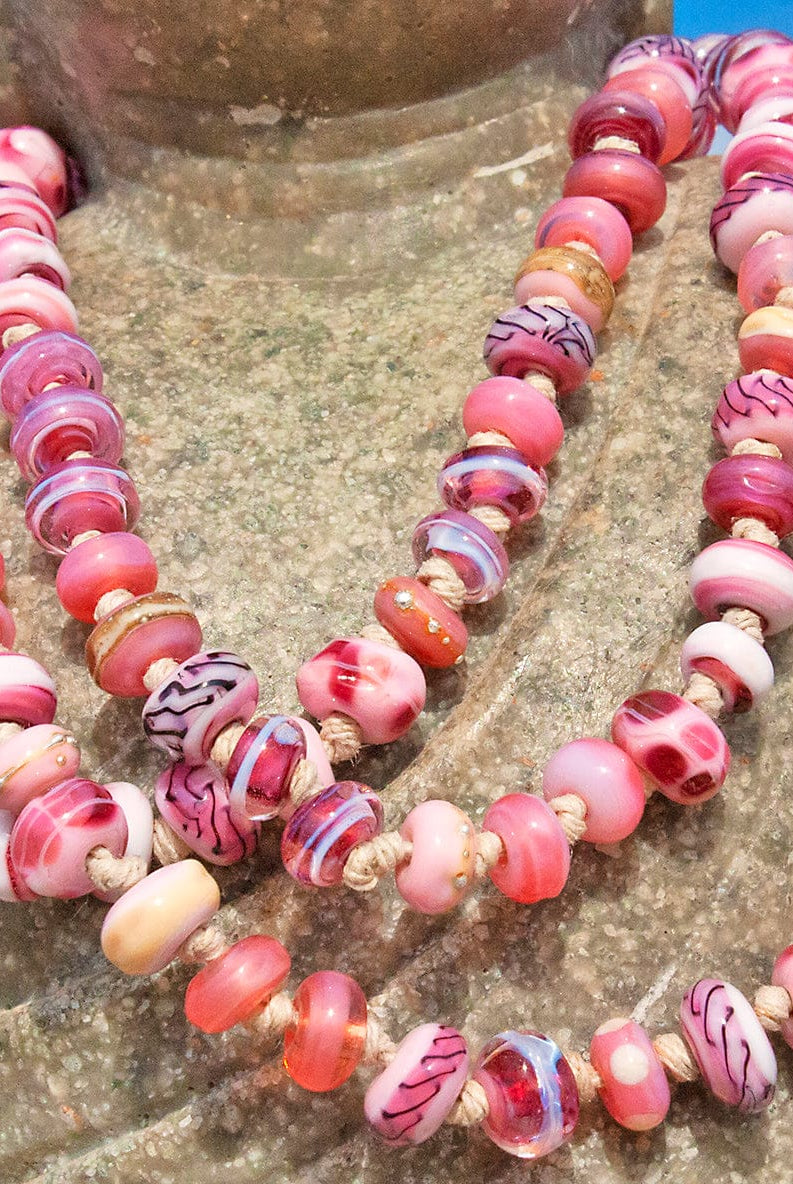Bohemian Rose Lampwork Bead Art Glass Necklace - BajaTiki - Necklace - art glass, beaded, featured, Jenelle Aubade, Jewelry, knotted, lampwork, necklace, pink
