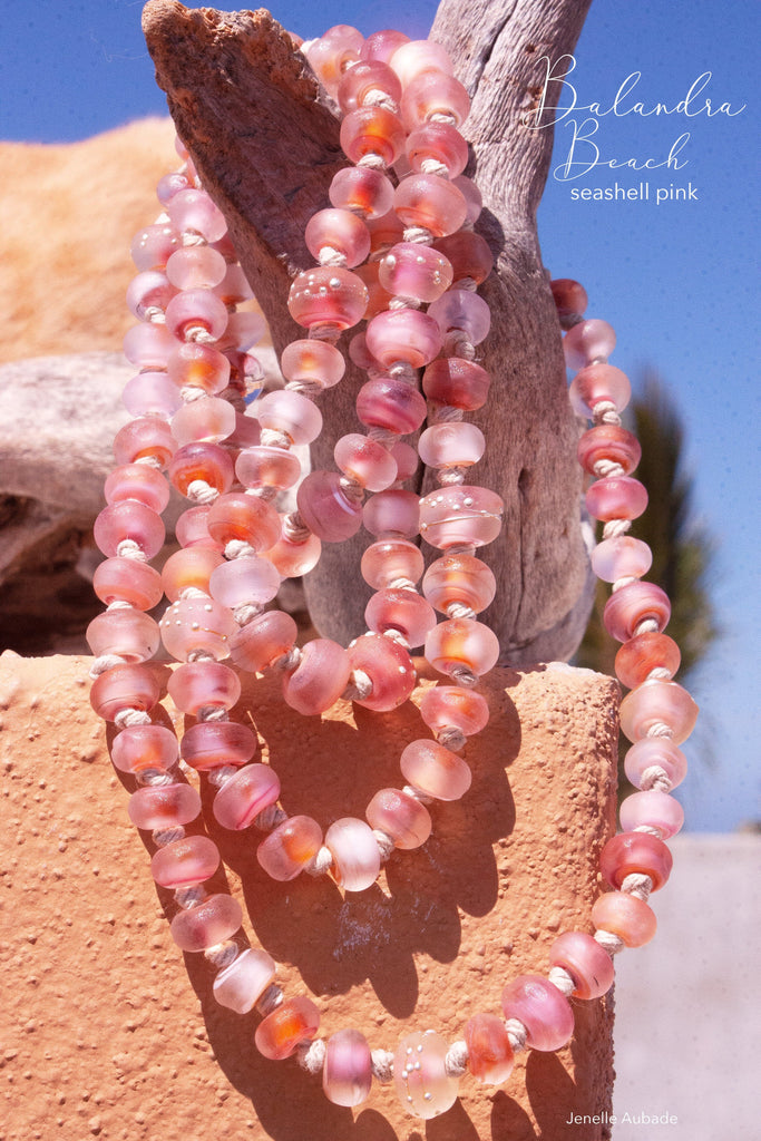 Balandra Beach Seashell Pink Art Glass Necklace - BajaTiki - Necklace - art glass, beaded, beads, featured, Jenelle Aubade, Jewelry, knotted, lampwork, necklace, pink