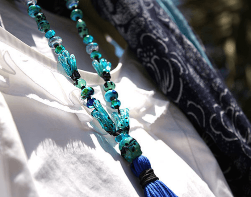 Teal Lotus Art Glass Necklace Necklace 1678 art glass BajaTiki beaded Beads Blue Jenelle Aubade Jewelry knotted lampwork necklace Paradise Beads ShipsWorldWide