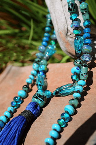 Teal Lotus Art Glass Necklace Necklace 1678 art glass BajaTiki beaded Beads Blue Jenelle Aubade Jewelry knotted lampwork necklace Paradise Beads ShipsWorldWide