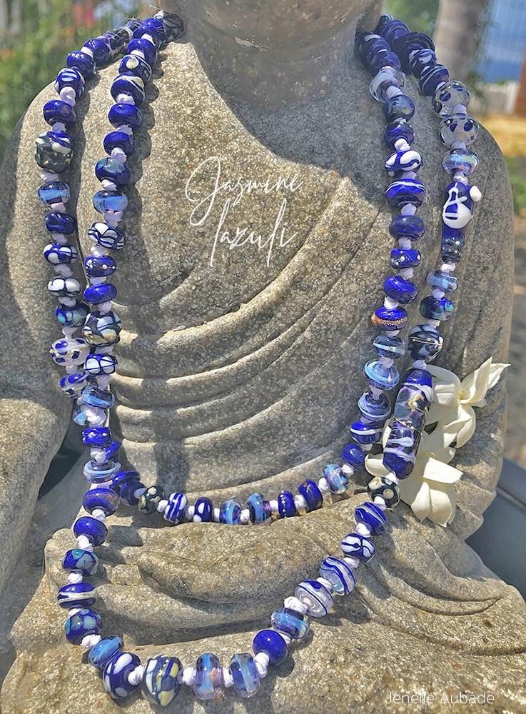 Jasmine Lazuli Art Glass Necklace Necklace 377 art glass BajaTiki beaded Beads Blue Blue Boheme handmade Jenelle Aubade Jewelry knotted lampwork necklace ShipsWorldWide