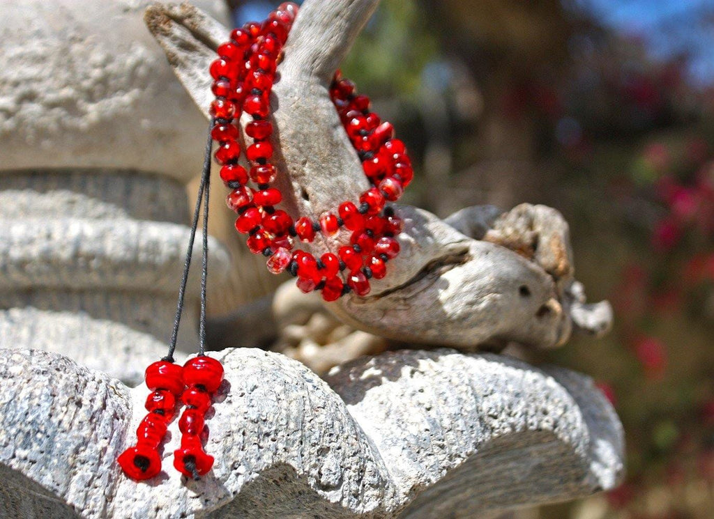 Cardinal Art Glass Necklace, handmade lampwork, knotted boho strand Necklace art glass BajaTiki beaded Beads Jenelle Aubade Jewelry knotted lampwork necklace Paradise Beads Red