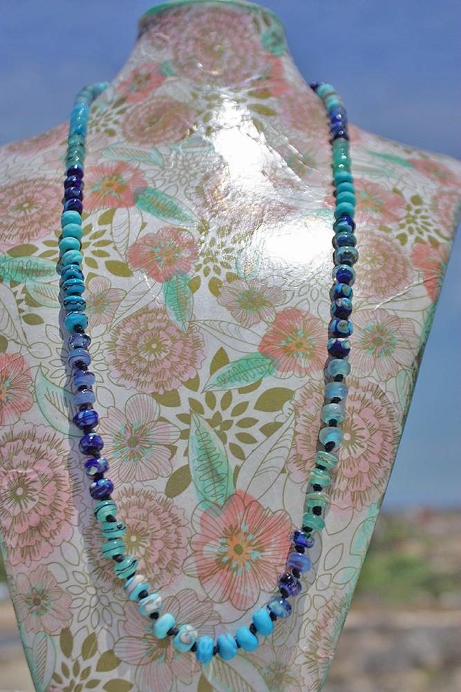Aphrodite Art Glass Necklace Necklace art glass BajaTiki beaded Beads Blue gwp Jenelle Aubade Jewelry knotted lampwork necklace Paradise Beads ShipsWorldWide Turquoise Collection