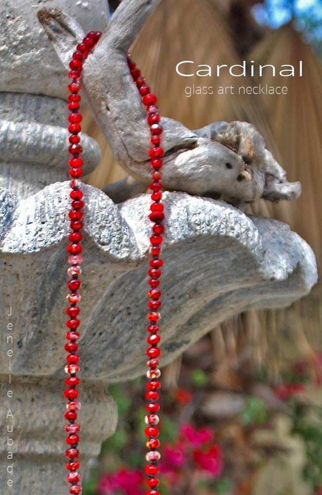 Cardinal Art Glass Necklace, handmade lampwork, knotted boho strand Necklace art glass BajaTiki beaded Beads Jenelle Aubade Jewelry knotted lampwork necklace Paradise Beads Red