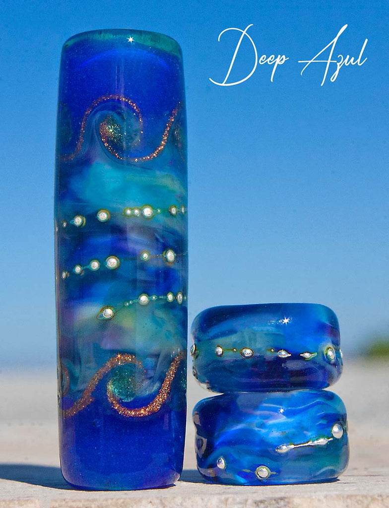 Deep Azul Waves Art Glass Charm Bead Set - Handmade Lampwork Jewelry Supplies BajaTiki beads BHB blue bohemian boho Charm Beads dog lead beads lampwork lampwork beads Large Hole Beads Pandora paradise beads
