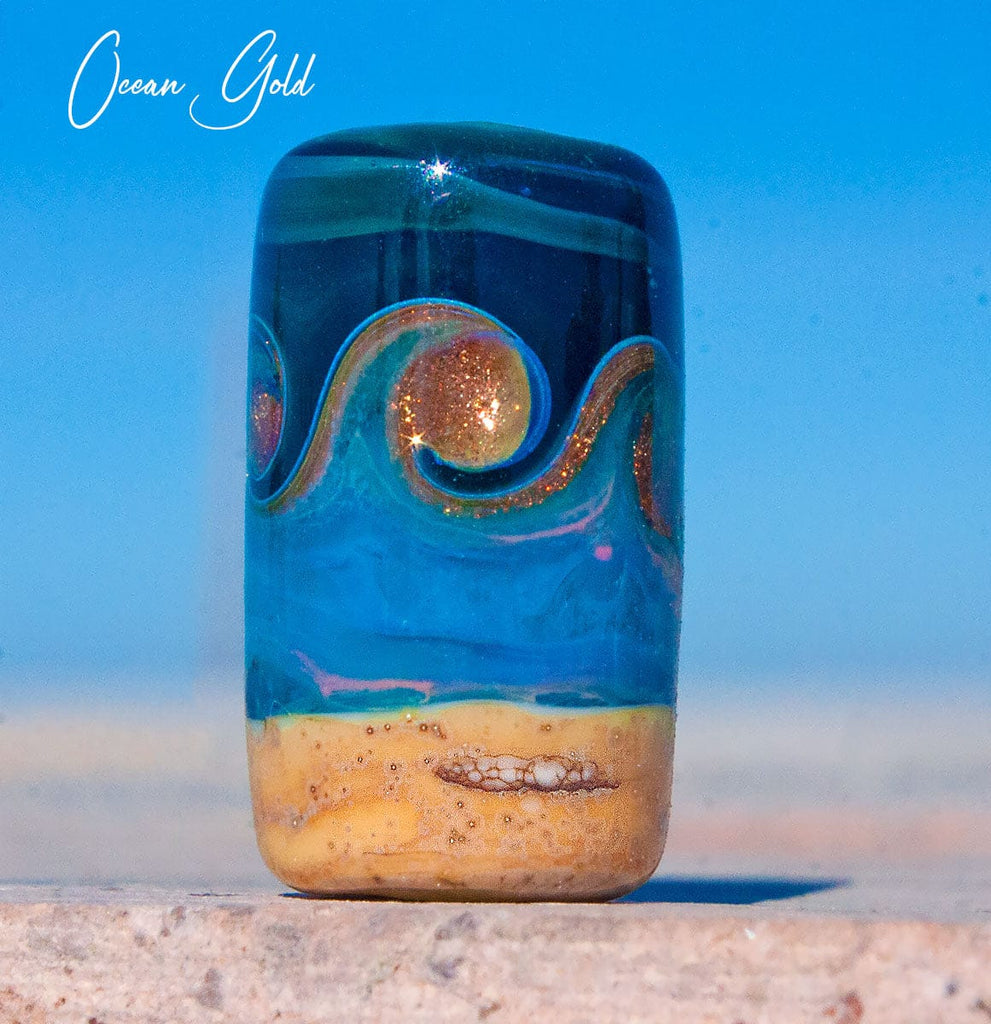 Ocean Gold Art Glass Charm Bead - Handmade Lampwork - Jewelry Supplies - #DogLead - #hatband - BajaTiki - beads - BHB - bohemian - boho - Charm Beads - lampwork - lampwork beads - Large Hole Beads - ocean - Pandora - paradise beads