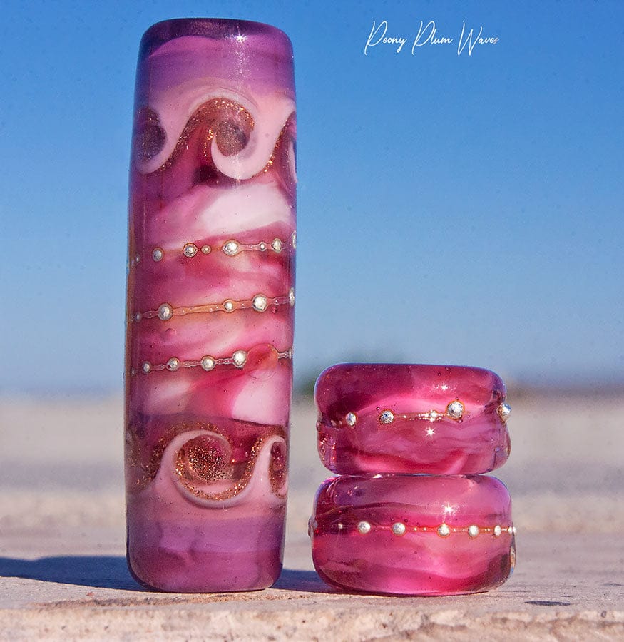 Peony Plum Waves Art Glass Charm Bead Set - Handmade Lampwork - Jewelry Supplies - #DogLead - #hatband - BajaTiki - beads - BHB - blue - bohemian - boho - Charm Beads - lampwork - lampwork beads - Large Hole Beads - Pandora - paradise beads