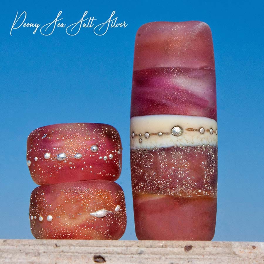 Peony Sea Salt Art Glass Charm Bead Set - Handmade Lampwork - Jewelry Supplies - #DogLead - #hatband - BajaTiki - beads - BHB - bohemian - boho - Charm Beads - fine silver - lampwork - lampwork beads - Large Hole Beads - Pandora - paradise beads - peony - pink - sea salt