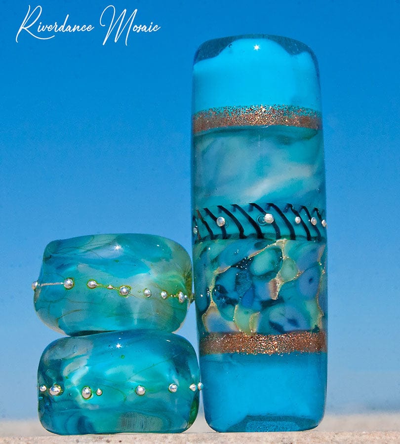 Riverdance Mosaic Art Glass Charm Bead Set - Handmade Lampwork - Jewelry Supplies - #DogLead - #hatband - BajaTiki - beads - BHB - blue - bohemian - boho - Charm Beads - lampwork - lampwork beads - Large Hole Beads - ocean - Pandora - paradise beads