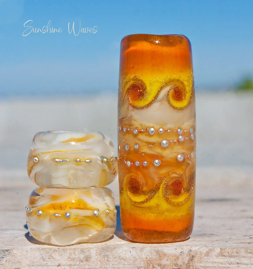 Sunshine Waves Art Glass Charm Bead Set - Handmade Lampwork - Jewelry Supplies - #DogLead - #hatband - BajaTiki - beads - BHB - bohemian - boho - Charm Beads - lampwork - lampwork beads - Large Hole Beads - Pandora - paradise beads - yellow