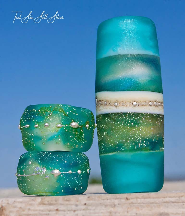 Teal Sea Salt Art Glass Charm Bead Set - Handmade Lampwork - Jewelry Supplies - #DogLead - #hatband - BajaTiki - beads - BHB - bohemian - boho - Charm Beads - fine silver - lampwork - lampwork beads - Large Hole Beads - Pandora - paradise beads - sea salt