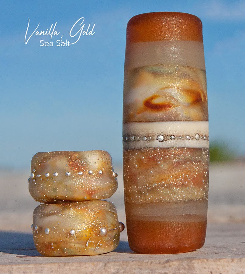 Vanilla Gold Sea Salt Art Glass Charm Bead Set - Handmade Lampwork - Jewelry Supplies - #DogLead - #hatband - BajaTiki - beads - BHB - bohemian - boho - Charm Beads - fine silver - gold - lampwork - lampwork beads - Large Hole Beads - Pandora - paradise beads - sea salt - yellow
