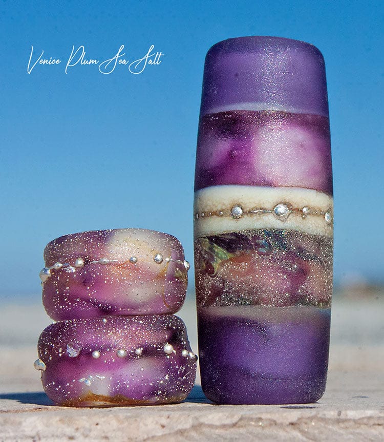 Venice Plum Sea Salt Art Glass Charm Bead Set - Handmade Lampwork - Jewelry Supplies - #DogLead - #hatband - BajaTiki - beads - BHB - bohemian - boho - Charm Beads - fine silver - lampwork - lampwork beads - Large Hole Beads - Pandora - paradise beads - purple - sea salt