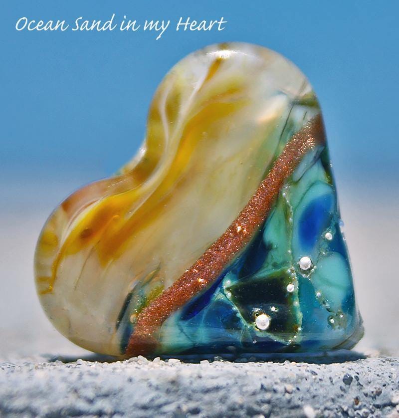 Ocean Sand Art Glass Heart Bead, Handmade Lampwork, Jewelry Design Focal Beads 488 BajaTiki bead Beads blue cream focal glass handmade Heart heart bead lampwork Mosaic Gold Paradise Beads sale sunshine