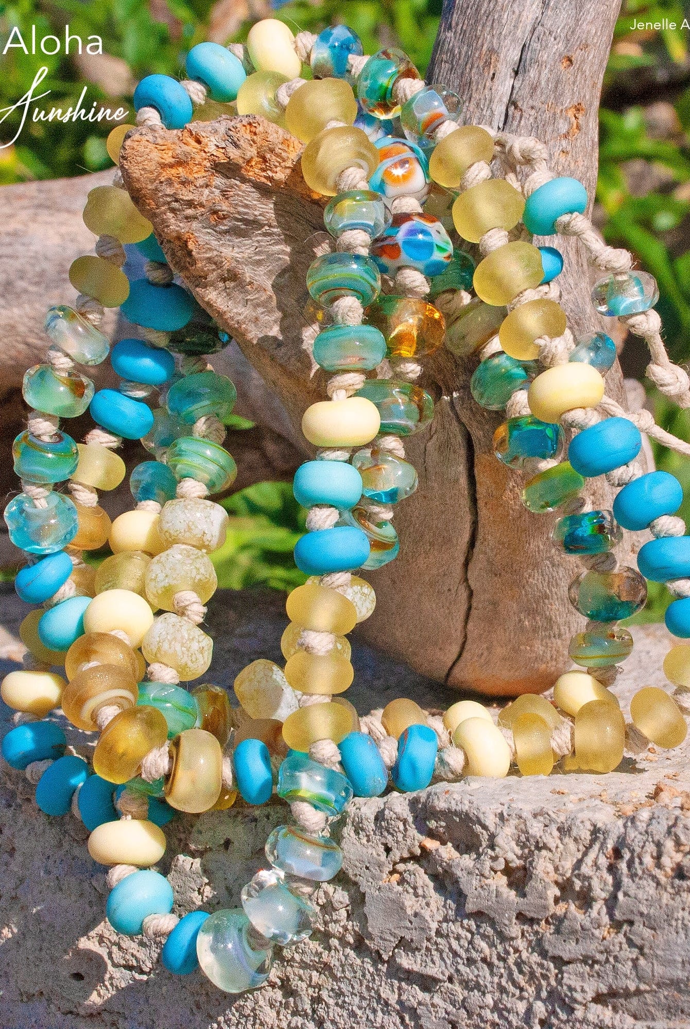 Aloha Sunshine Art Glass Necklace - BajaTiki - Necklace - art glass, beaded, beads, blue, featured, Jenelle Aubade, Jewelry, knotted, lampwork, necklace, yellow