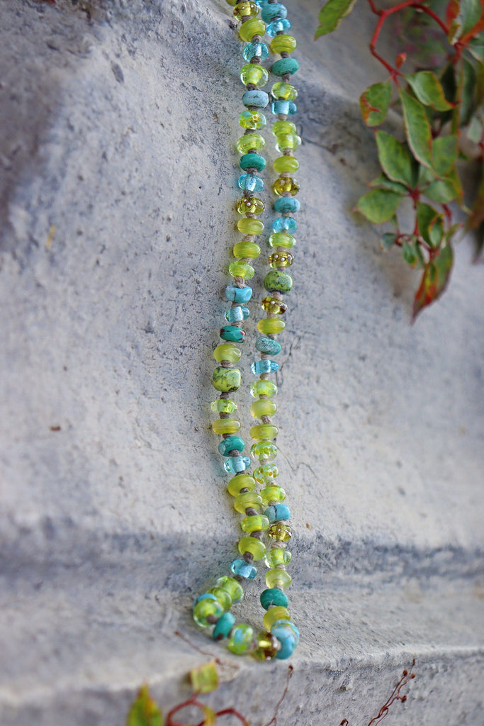 Baja Sapphire and Agave Art Glass Necklace, long bohemian strand, boho jewelry, lampwork beads, handmade by Glass Artist Jenelle Aubade Necklaces art glass BajaTiki beaded boho boho chic boho jewelry boho syle Jenelle Aubade Jewelry knotted lampwork necklace ShipsWorldWide