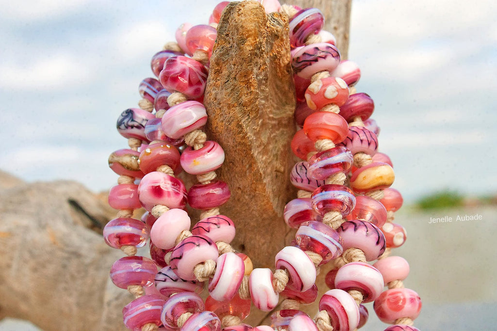 Bohemian Rose Lampwork Bead Art Glass Necklace - BajaTiki - Necklace - art glass, beaded, featured, Jenelle Aubade, Jewelry, knotted, lampwork, necklace, pink