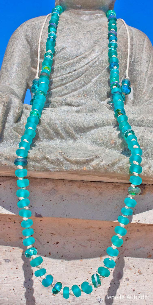 Coastal Peace Lampwork Bead Art Glass Necklace, a knotted boho strand Necklace art glass BajaTiki beaded Jenelle Aubade Jewelry knotted lampwork necklace