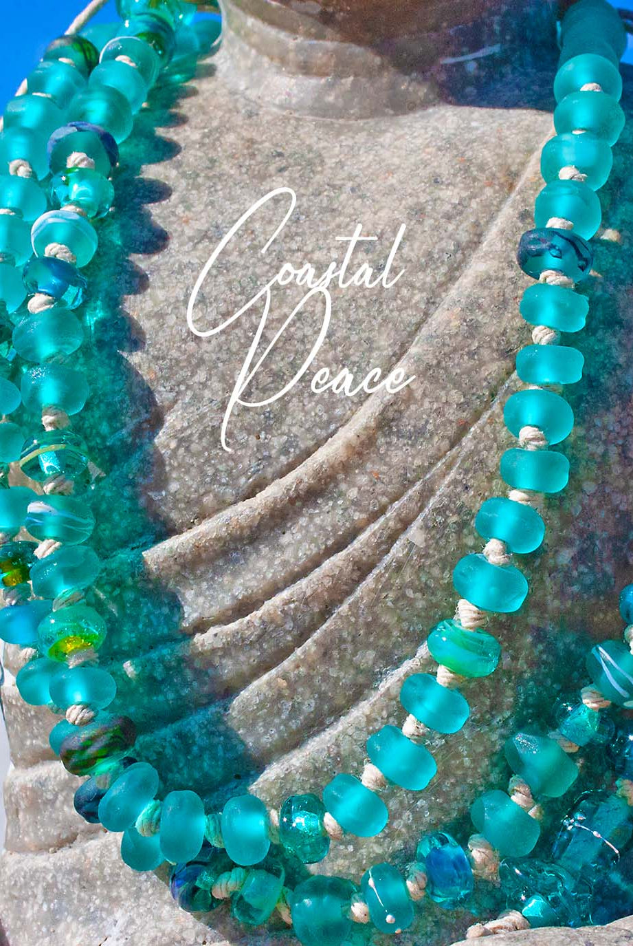 Coastal Peace Lampwork Bead Art Glass Necklace, a knotted boho strand Necklace art glass BajaTiki beaded Jenelle Aubade Jewelry knotted lampwork necklace