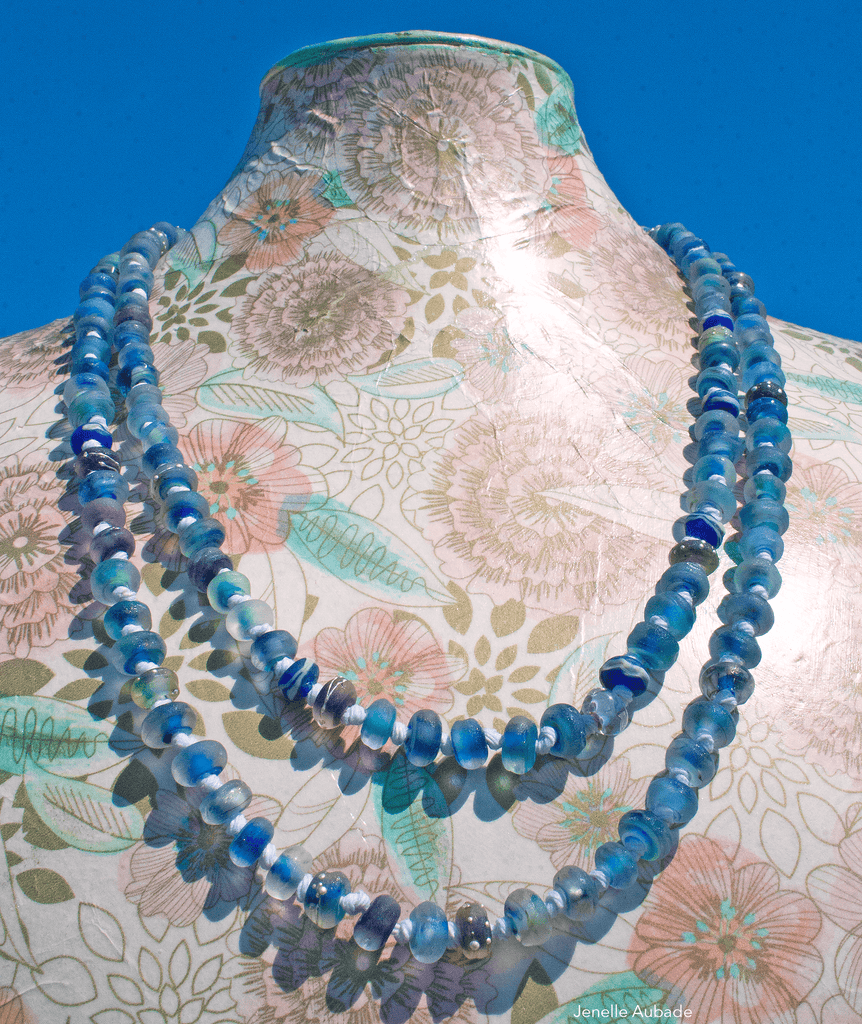 Lazuli Waves Lampwork Bead Art Glass Necklace - BajaTiki - Necklace - art glass, beaded, blue, featured, Jenelle Aubade, Jewelry, knotted, lampwork, necklace
