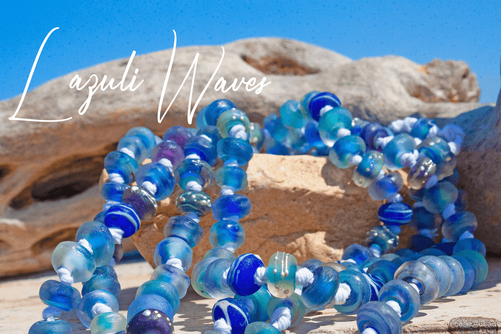 Lazuli Waves Lampwork Bead Art Glass Necklace - BajaTiki - Necklace - art glass, beaded, blue, featured, Jenelle Aubade, Jewelry, knotted, lampwork, necklace