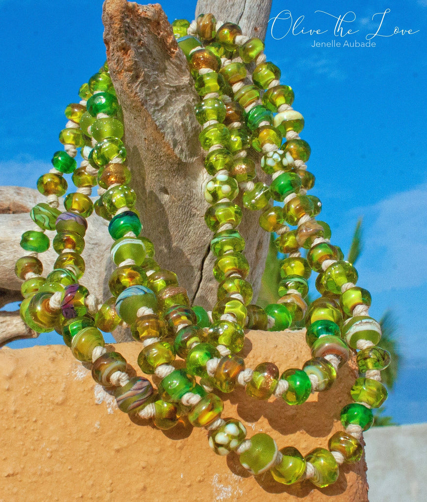 Olive the Love Lampwork Bead Art Glass Necklace, knotted, boho strand, bohemian jewelry Necklace art glass BajaTiki beaded gift green Jenelle Aubade Jewelry knotted lampwork necklace ShipsWorldWide valentines