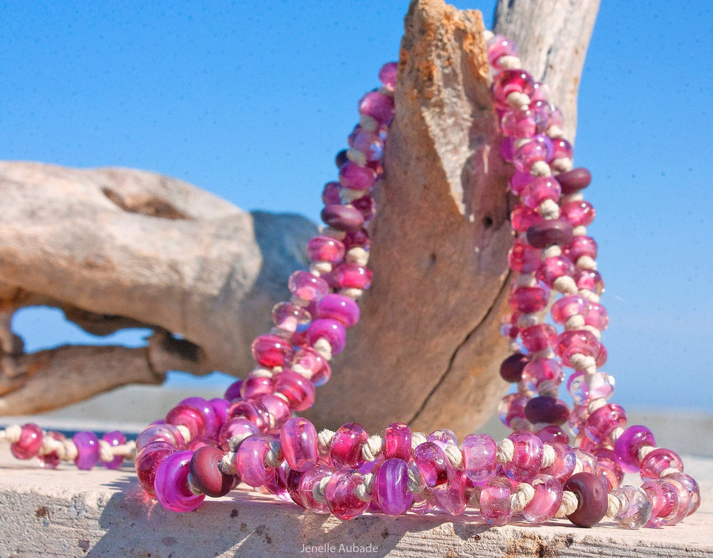 Raspberry Luau Art Glass Necklace - BajaTiki - Necklace - art glass, beaded, featured, Jenelle Aubade, Jewelry, knotted, lampwork, necklace, pink