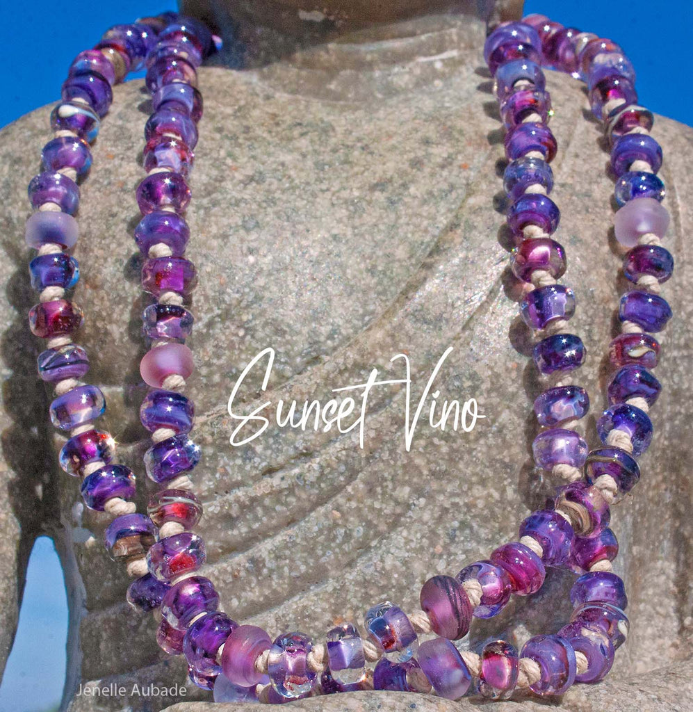 Sunset Vino Lampwork Bead Art Glass Necklace - BajaTiki - Necklace - art glass, beaded, featured, Jenelle Aubade, Jewelry, knotted, lampwork, necklace