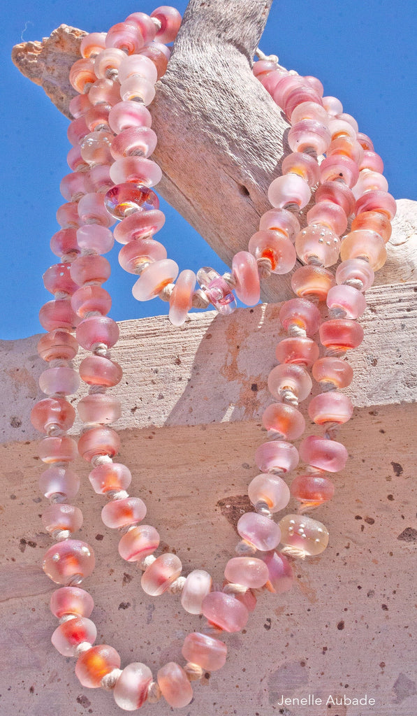 Balandra Beach Seashell Pink Art Glass Necklace - BajaTiki - Necklace - art glass, beaded, beads, featured, Jenelle Aubade, Jewelry, knotted, lampwork, necklace, pink