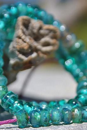 Ocean Gypsy Glass Bead Strand Beads 487 BajaTiki bead Beads glass green handmade lampwork Mosaic Gold Organic Paradise Beads Strand teal